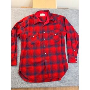 Vintage Pendleton Wool Western Flannel Shirt Mens L Red Blue Plaid Pearl Snap